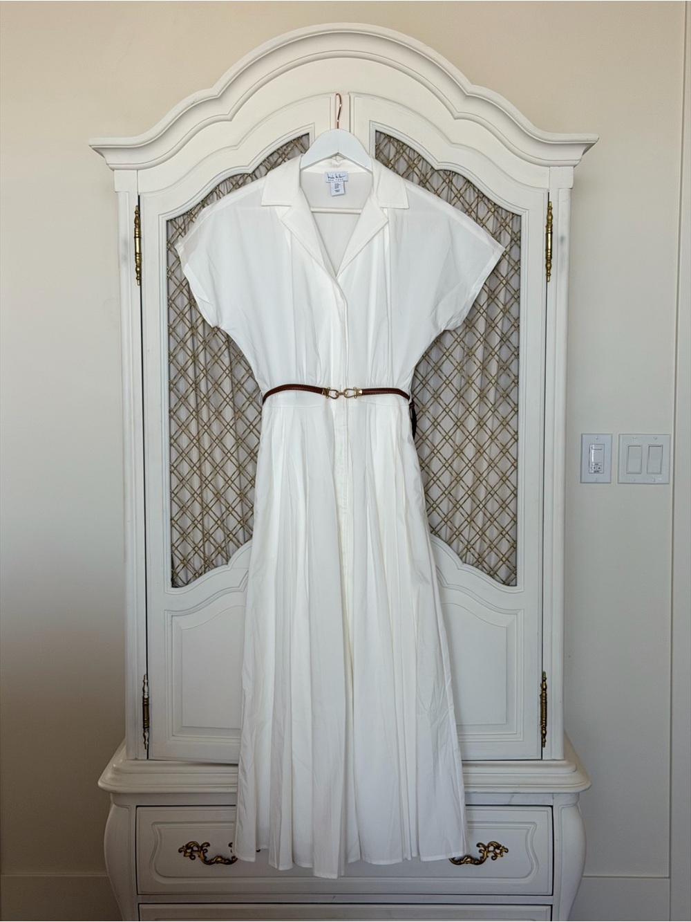 Nicole Miller White Shirt Dress with Brown Belt
